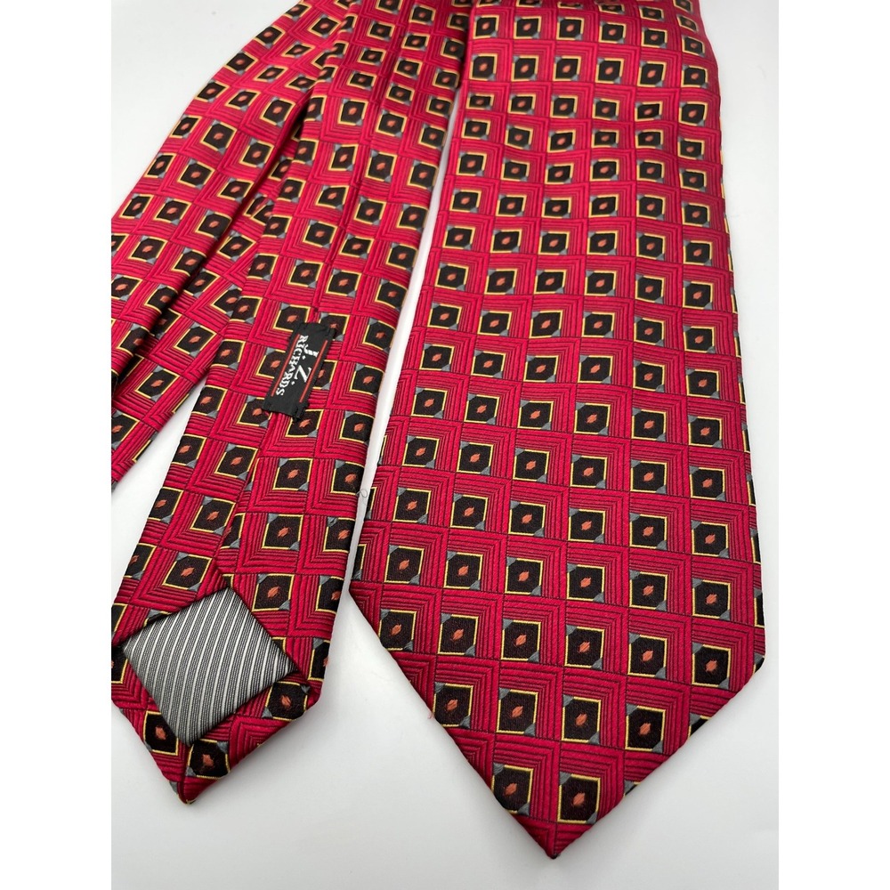 JZ Richards Mens Silk Tie Red Gold Black Geometric Square Handmade Made in USA